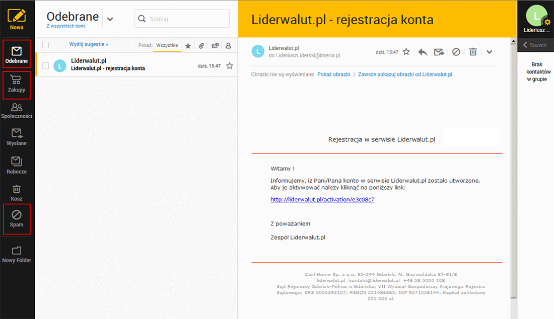 Mail aktywacyjny Liderwalut.pl - Poczta interia.pl